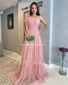 Елегантни рокли за бала POMUS с едно рамо, Розово Тюлевое Плиссированное вечерна рокля с отворен гръб с дължина до пода, 2023 Robe de soiree