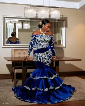 Традиционното Африканско сватбена рокля на Кралския син цвят от едър расшитого мъниста кадифе Русалка Абитуриентски рокли Aso Ebi Дамски рокли за официални събития