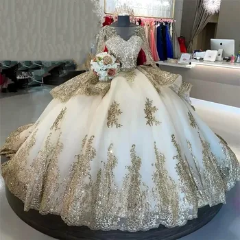 Реколта буйни рокля цвят шампанско Бална рокля със златисти кружевными апликации Вечерни рокли принцеса 15 Anos По поръчка