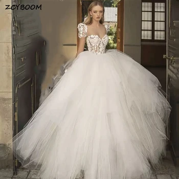 Приказно апликации във формата на сърце, с къс ръкав, официални рокли 2023, дължина до пода, струята, Дантелено тюлевое сватбена рокля с цип.