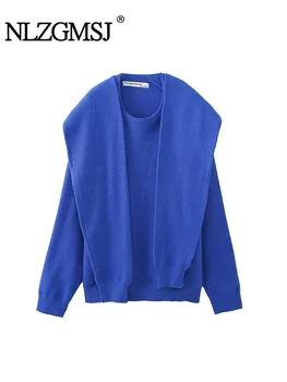 Nlzgmsj ТРАФИКА 2024, пуловер, поло, Есенно-зимния Нов дамски модерен Универсален син пуловер с дълги ръкави в възел стил.