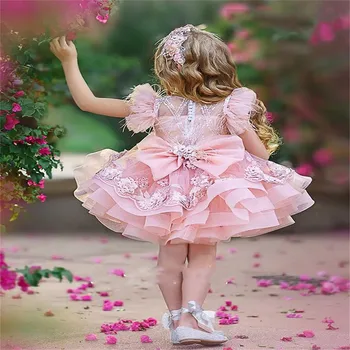 Розови рокли принцеса с пера за Първо причастие, ръкави с лък, рокли за момичета-цветочниц 2023, рокля за парти по случай рожден Ден за деца, Топката премяна