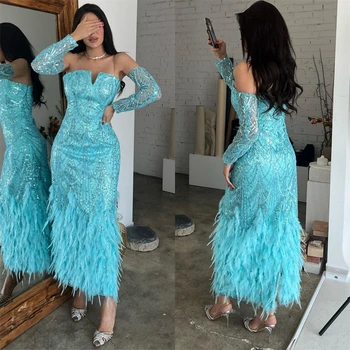 Prom Dresses Elegant Strapless Sheath Cocktail Пайета Feathers Шифон Occasion Evening Gown robe soiree рокля на бала