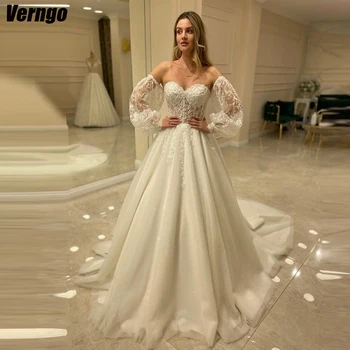 Сватбени рокли Verngo Принцеса с открити рамене, Трапециевидное сватбена рокля с дълги ръкави и аппликацией от тюл, Сватбената рокля 2024