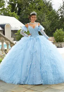 Lorencia Sparkl Blue Quinceanera До 2023 Дантелени апликации С дълъг ръкав и Спагети Sweet 16 Dress Vestidos De 15 Quinceanera YQD45