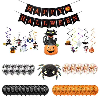 Балони за парти в чест на Хелоуин, фолио, Оранжево-черни балони, декор, тиква, Черна Котка, един Паяк и един призрак, трик, за да празнува Хелоуин Или