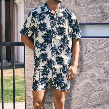 Мъжки хавайски облекло за плаж, отдих, риза с копчета с модел под формата на дърво с къс ръкав + Ластични шорти, тропически костюм