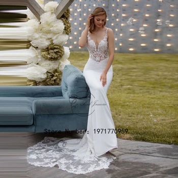 Луксозна сватбена рокля с V-образно деколте и тънки спагети презрамки с аппликацией на гърба, сватбена рокля-русалка 2024, сшитое на поръчка Vestido De Новия