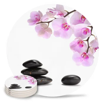 Orchid Черен камък Розово цвете Бяла кръгла поставка Подложки за журнального маса Кухненски Принадлежности Абсорбиращи керамични подложки