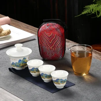 Съдове за готвене с Керамични Чайници с 3 Чаени Чаши от Порцелан Чай Набор от Гайвань Кунг-Фу Преносима Чай и Прибори Пътен Чай Набор от Посуда За Напитки Подаръци