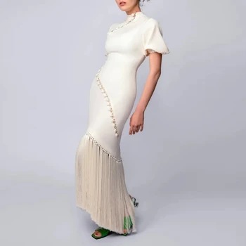 Welove Абитуриентски рокли цвят слонова кост, с високо воротом и пищни ръкави, рокля за официални случаи с пискюли във формата на русалки, новост от висшата мода в китайски стил.