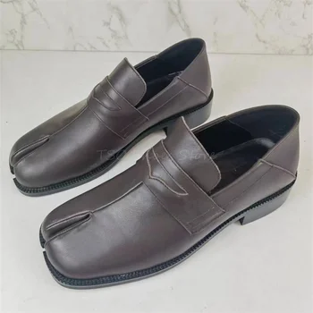 Мъжки обувки с квадратни намаляване на носа, лоферы кафяв цвят от естествена кожа, джентльменская обувки в британския стил, ретро стил, модни ежедневни обувки, износостойкая