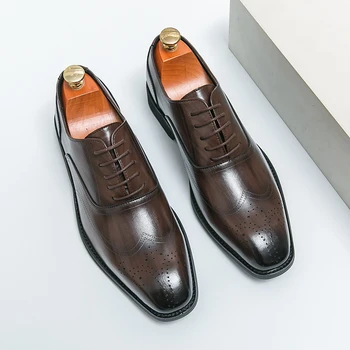 Мъжки обувки-Oxfords От Изкуствена Кожа, Однотонная Бизнес Официалната обувки на нисък ток С шнур, Класически Универсален Мъжки Обувки, Големи Размери 38-46