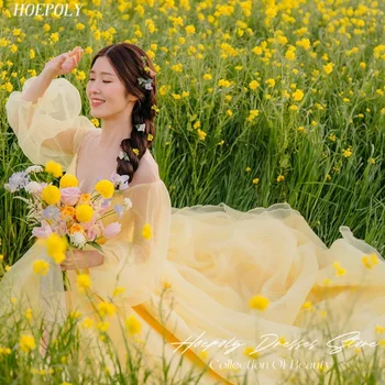 Hoepoly Жълта официална рокля за сватбени партита с открити рамене и пищни ръкави, рокли за абитуриентски, вечерни рокли за специални поводи