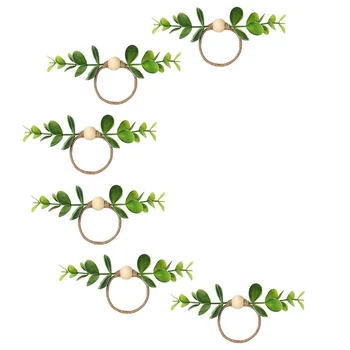 Пръстени за салфетки от евкалипт, дървени халки за салфетки от мъниста, пръстени за салфетки от селски зеленина на пролетта, пръстени за салфетки за украса на масата за хранене.
