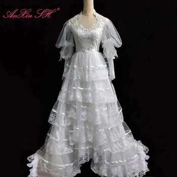 AnXin SH винтажное сватбена рокля ръчна изработка в стил принцеса с бяла флорална дантела, расшитое мъниста и перли, с дълги ръкави и накъдрен, с цип
