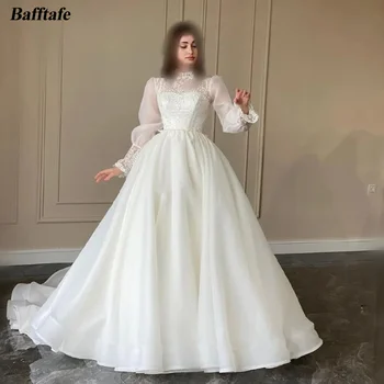 Сватбени рокли Bafftafe от арабската органза, скромни вечерни рокли, на булки с високо воротом, апликации на дантела с дълги ръкави, Вечерни сватбени рокли 2024 г.