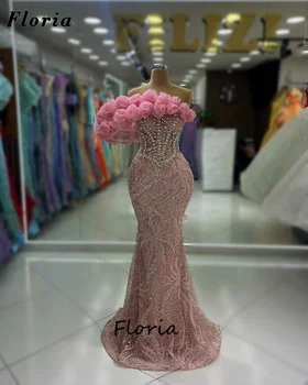 Модерни рокли на знаменитости с розови цветя, арабски рокля с открити рамене, бродирани с мъниста Сватбени рокли, вечерни рокли големи размери 2024 г.