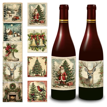 9шт Ретро Коледни етикети за бутилка вино 2024 Коледна парти Дядо Коледа, Стикери за Коледна елха Весела Коледна украса за дома
