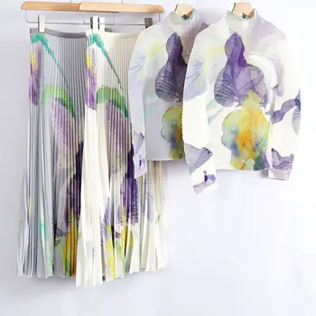 Жена пролетно-есенен комплект от две части на Miyake, елегантна плиссированная тениска с дълги ръкави и плисирана пола със средна дължина, подходящи комплекти