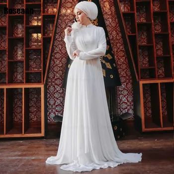 Мюсюлмански дизайн 2024 г., изящни сватбени рокли трапецовидна форма, висока яка, цветя, сложени на гънки, на булката рокля с Дължина до пода, robe de mariée