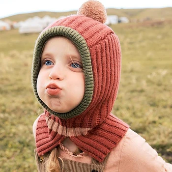 Вязаная шапка за деца, скъпа мека шапка в контрастен цвят, зима топло за врата за момичета, детски шапки за момчета