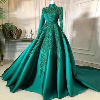 Прекрасна зелена атласное вечерна рокля с високо воротом, Лейси апликация с дълъг ръкав и пайети рокля за бала, плиссированный колан с влак, празнична рокля Vestidos