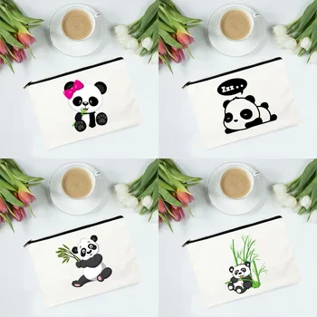 Забавна панда, холщовые козметични чанти Harajuku, ежедневни косметичка за грим, торби за многократна употреба, червило, Жените пътна бяла преносима чанта с цип