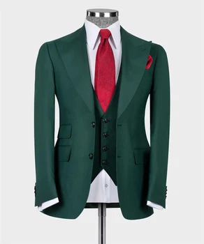 Зелен мъжки костюм за бизнес мъже, 3 предмет, италиански костюм, смокинг, яке, джентълменско костюм с широка козирка, на ревера, на сватбата на младоженеца