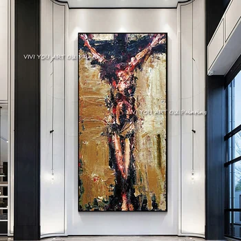 Най-доброто християнството с разпятието на Исус, Жълто монтиране на изкуството, платно, ръчно рисувани Куадро, абстрактна живопис, стенни картини за хол