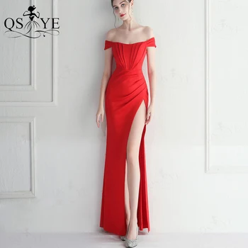 Червени и дълги рокли за абитуриентски бал с отворени рамене, елече с рюшами, секси вечерна рокля с цепка, еластично атласное рокля-калъф за момичета, красива рокля на шаферка