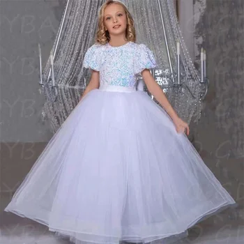 Кадифени рокли с пайети за момичета-цветочниц на сватбата 2023, рокли принцеса с къси пухкави ръкави за първо причастие с лък