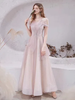 Елегантни розови вечерни рокли с трапецовидна форма, с аппликацией от пайеток, плисе с открити рамене, дълги страхотни лъскави сватбени рокли за партита и абитуриентски дантела