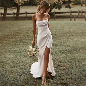 Елегантни дамски сватбени рокли с тънки спагети презрамки с цепка отстрани Сватбени рокли Вечерна рокля Noiva robe de mariée