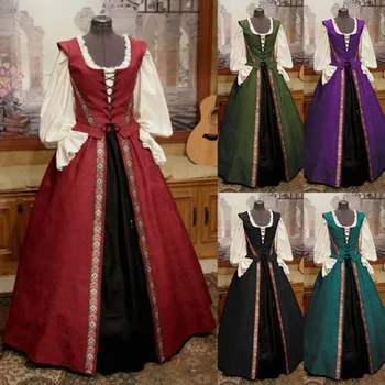 2019 Нова рокля от две части в стила на средновековния Ренесанс с квадратни Деколтета, однотонное рокля