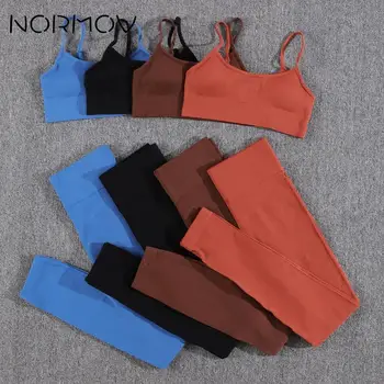 NORMOV 1 / 2 елемента Вязаный комплект за йога, женски спортни дрехи, дамски дрехи за йога в рубчик, за красотата на гърба, Скъсяване на панталони за йога с лицеви апом