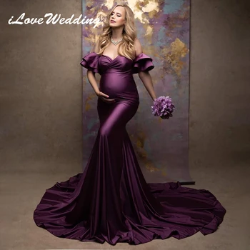 Рокля за бременни, за фотосесия с открити рамене Макси-рокли за бременни за фотография 2024 Сатен русалка с подвижни къси ръкави