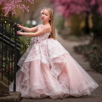 Розови тюлевые рокли за момичета в едно цвете, за сватба, яка на шията, с диференцирани представа, абитуриентски, Първо причастие За парти по случай рождения Ден