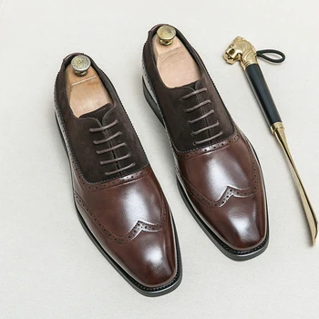 Класическа брандираната мъжки обувки от естествена кожа, официална обувки за конференция, мъжки бизнес обувки в стил ретро, тенденция ежедневни обувки с квадратни пръсти