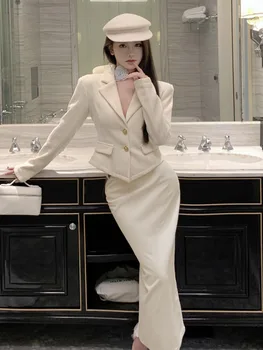 High Street, френски ретро вельветовый комплект от две части, женски сако, палто + пола, есенно-зимни Корейски елегантни тоалети СТАРИ от 2 теми