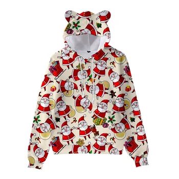 Коледни блузи с качулка с кошачьими уши от карикатура на Дядо Коледа, hoody с качулка за жени, мъже, деца, скъпа мода за деца, възрастни, 3D hoody с Дядо Коледа