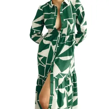 BMZRLJY Темпераментна Зелен геометричен принт Средна дължина, свободно рокля-риза с дълги ръкави и затворена талия, пролет и есен, Нов модел