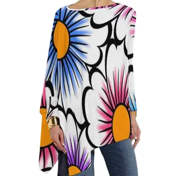 2024 Пролетно Нова Дамски тениски с 3D Цветен принтом, Персонални Модна Тениска С неправилна форма С дълги ръкави, 3D Елегантна Дамска риза