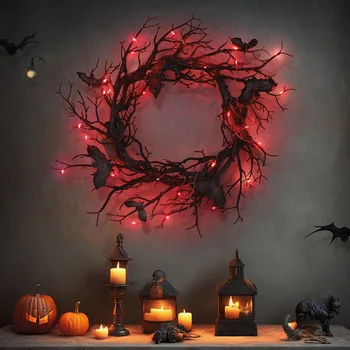 42 см Венец на Хелоуин Прилеп Черни Клони Венци с червена led подсветка на Врати Прозорец Цветна Гирлянда Украса за Хелоуин