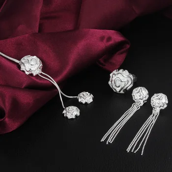925 сребро елегантни колиета с цветя, рози, обеци, пръстени, дамски комплект бижута с високо качество, коледен подарък за дама на сватбата