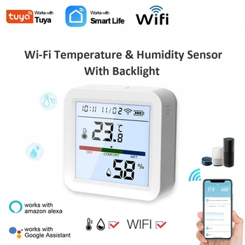 Sasha Smart WIFI Сензор за температура и влажност на въздуха влагомер за помещения Термометър с LCD дисплей Поддръжка на Алекса Google Assistant