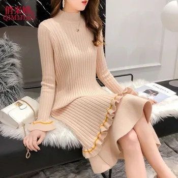Ново дамско модно рокля за пролет и есен 2023 г., вязаное рокля-пуловер с 3D интериор, пэчворком и гофрированным подолом