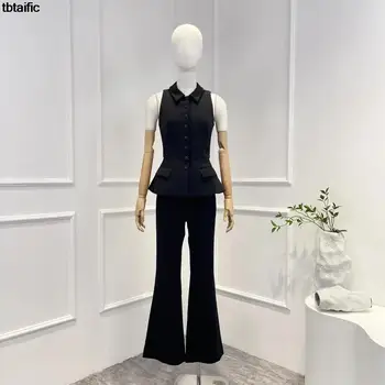 висококачествено офис дама 2023, Нова черна жилетка без ръкави, разкроена панталони, комплект за интелектуална ежедневни дамски дрехи