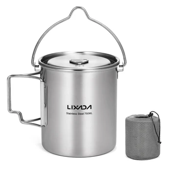 LIXADA 750 мл тенджера от неръждаема стомана Преносима чаша за вода с капак и сгъваема дръжка Туристическа оборудване за приготвяне на храна и пикник