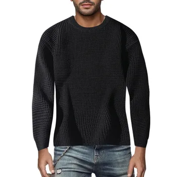 Есенно-зимния нов мъжки пуловер с дълги ръкави, однотонная трикотажная риза с вътрешен пуловером за мъже